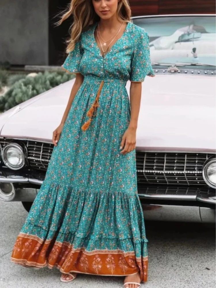 

Summer Maxi Boho Dress Women 2023 Tassel Bohemian Long Party Dress Ladies Viscose Floral Print Fashion Beach Dress for Women
