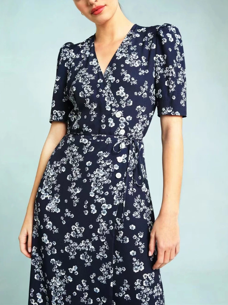 

EOSViscose 2023 Women Summer Floral Print V-neck Wrap Vintage Midi Vacation Holiday Dress Brand Free Shipping