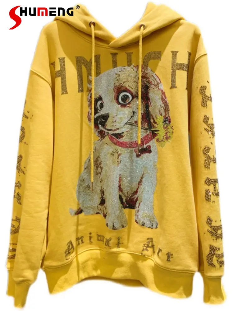 Harajuku Yellow Full Diamond Terry Sweatshirts Hooded 2022 New Luxury Women's Rhinestone Cartoon Dog Shining Wings Fleece Hoodie