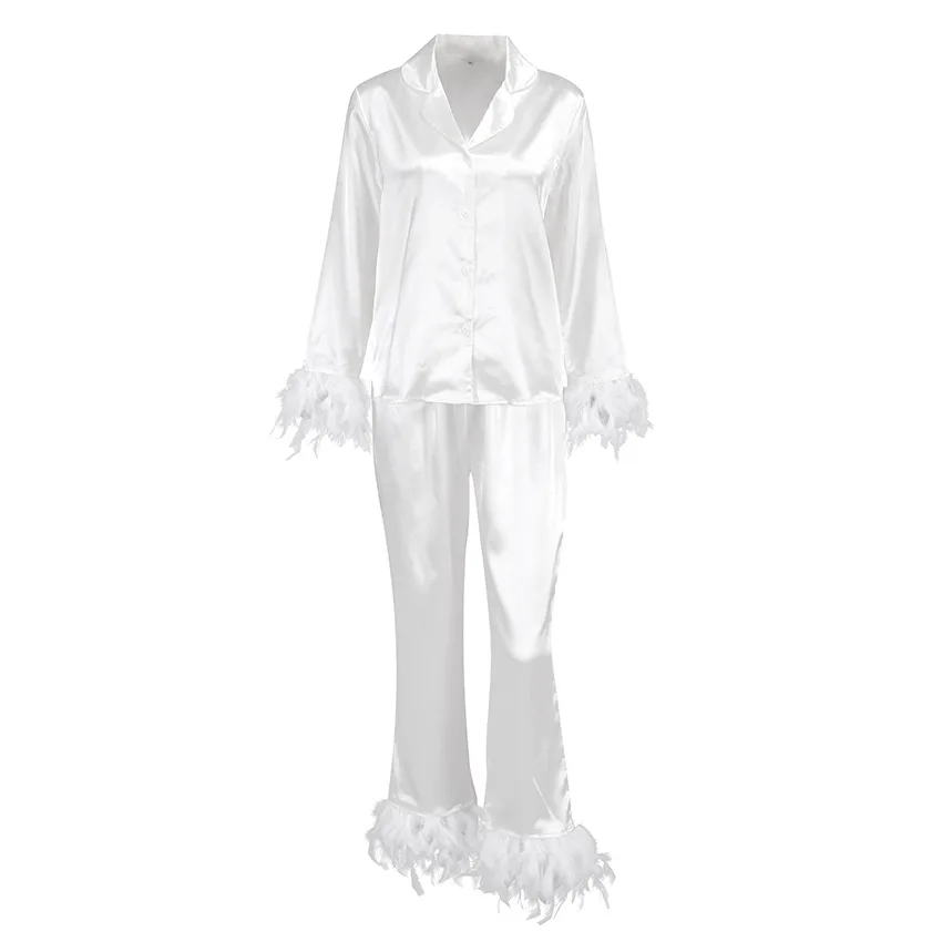 Solid Casual Sleepwear Women's Robe With Feathers Single Breasted Turn Down Collar Women Sleeping Clothes Set Satin Pajamas Sets