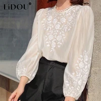 spring summer elegant fashion embroidered women blouse tops office lady stand collar pearl button puff sleeve loose wild shirt
