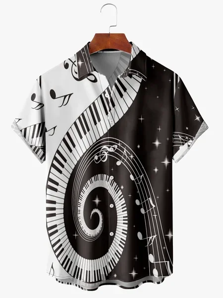 

Men's Music Print Anti-Wrinkle Moisture Wicking Fabric Fashion Hawaiian Lapel Short Sleeve Shirts, Black, Short Sleeve Shirts