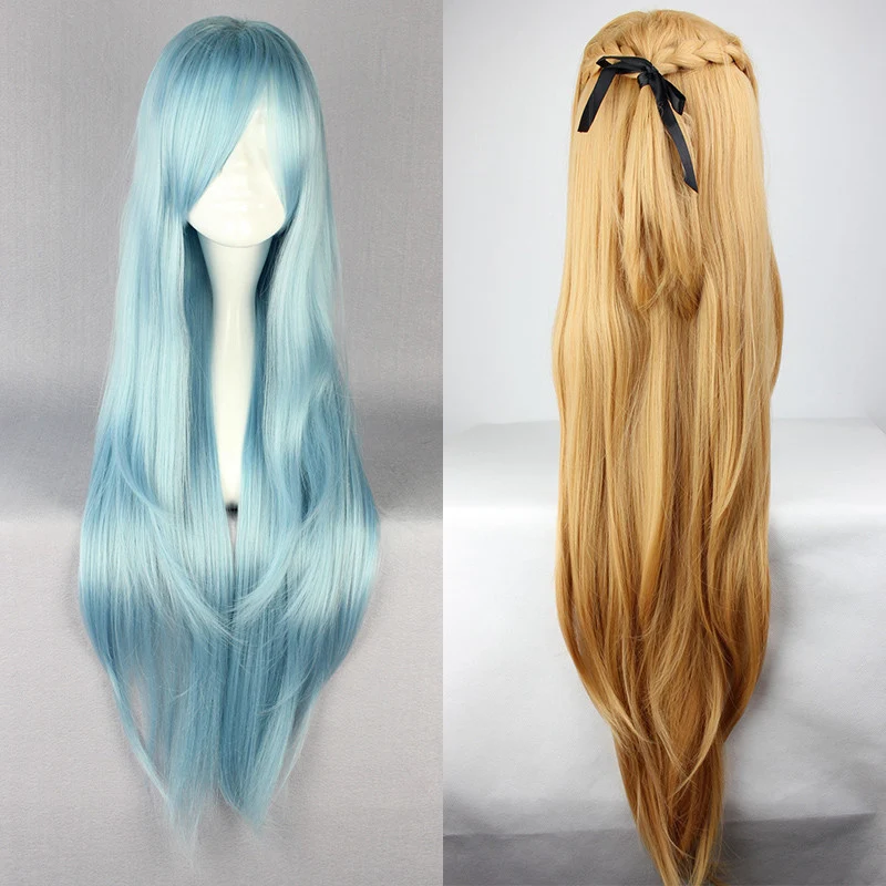 

Sword Art Online Sao Asuna Yuuki Yuki Long Blue And Brown Heat Resistant Hair Cosplay Costume Wig + Free Wig Cap