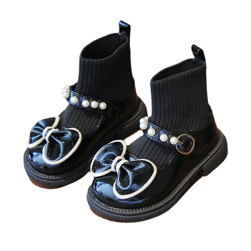 

Girls Leather Shoes Fashion Single Boots Bead Autumn Knitted Cute Bow Sock Boots Flat Heels Kids Princess Shoes