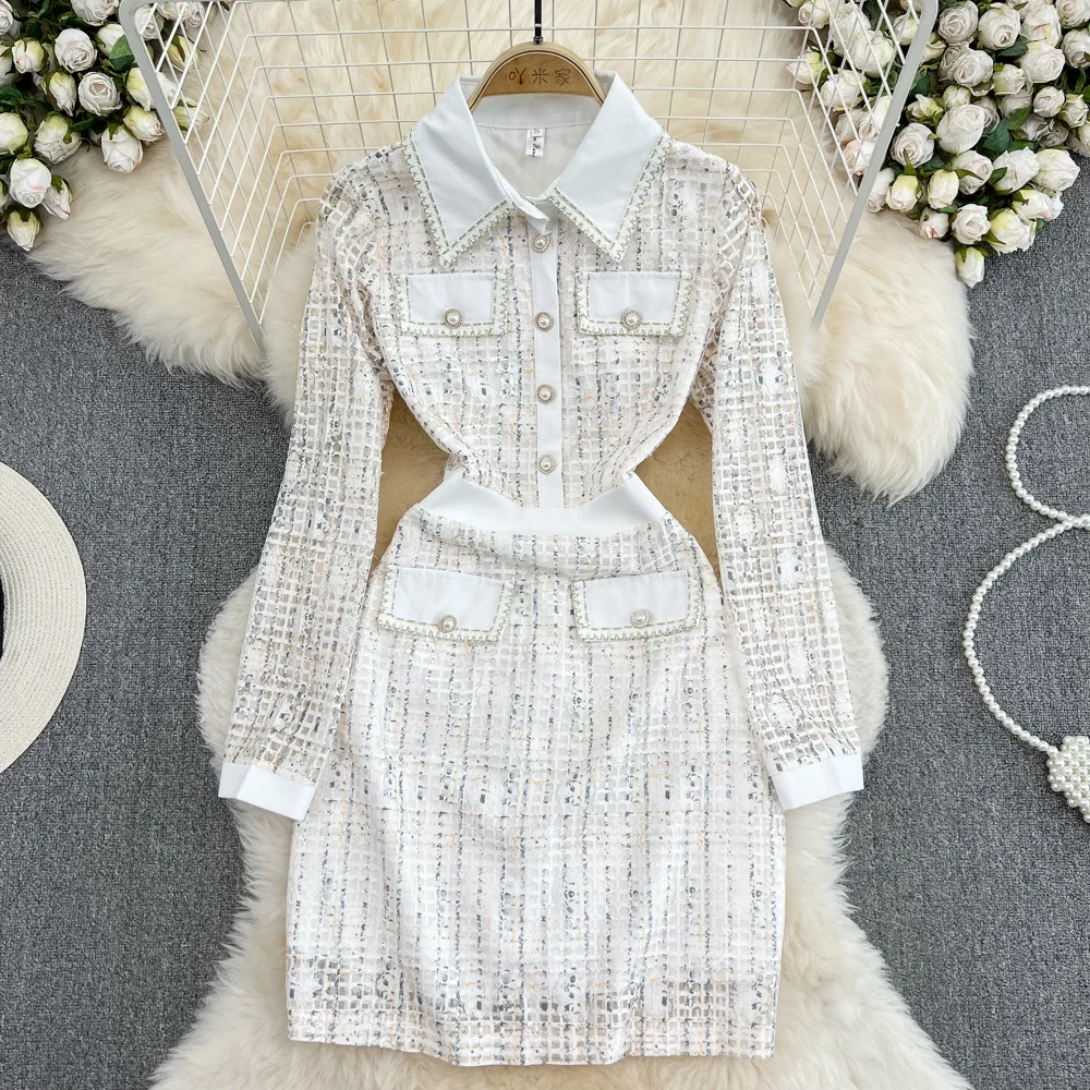 

2023 Spring Small Fragrance Long Sleeve Dress Fashion Women Polo Collar Waist Close Show Thin A-line Lace Dresses For Girls