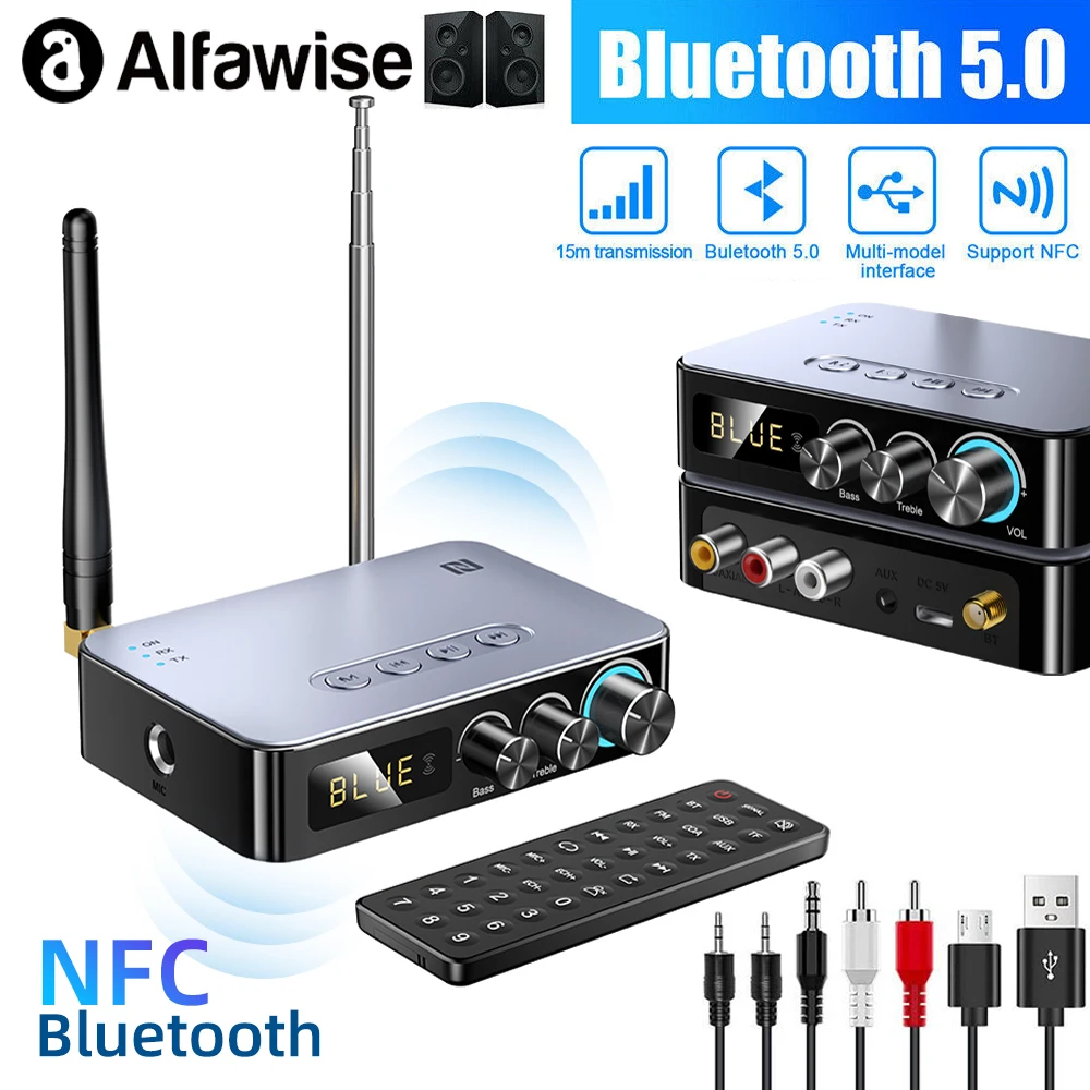 

Bluetooth5.0 Audio Receiver Transmitter Audio Adapter FM Music NFC Touch Wireless with Mic U Disk Play Stereo 3D Surround Stereo