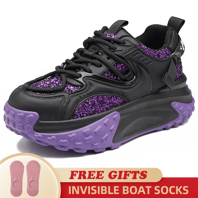 6cm Genuine Leather 2023 Synthetic Sequins Platform Wedge Chunky Sneakers Mixed Color Casual Comfy Lady Hidden Heel Female Shoes