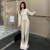 new early spring age reducing casual two piece retro y2k fashion milk fragrance hooded sweater and slit pants suit women