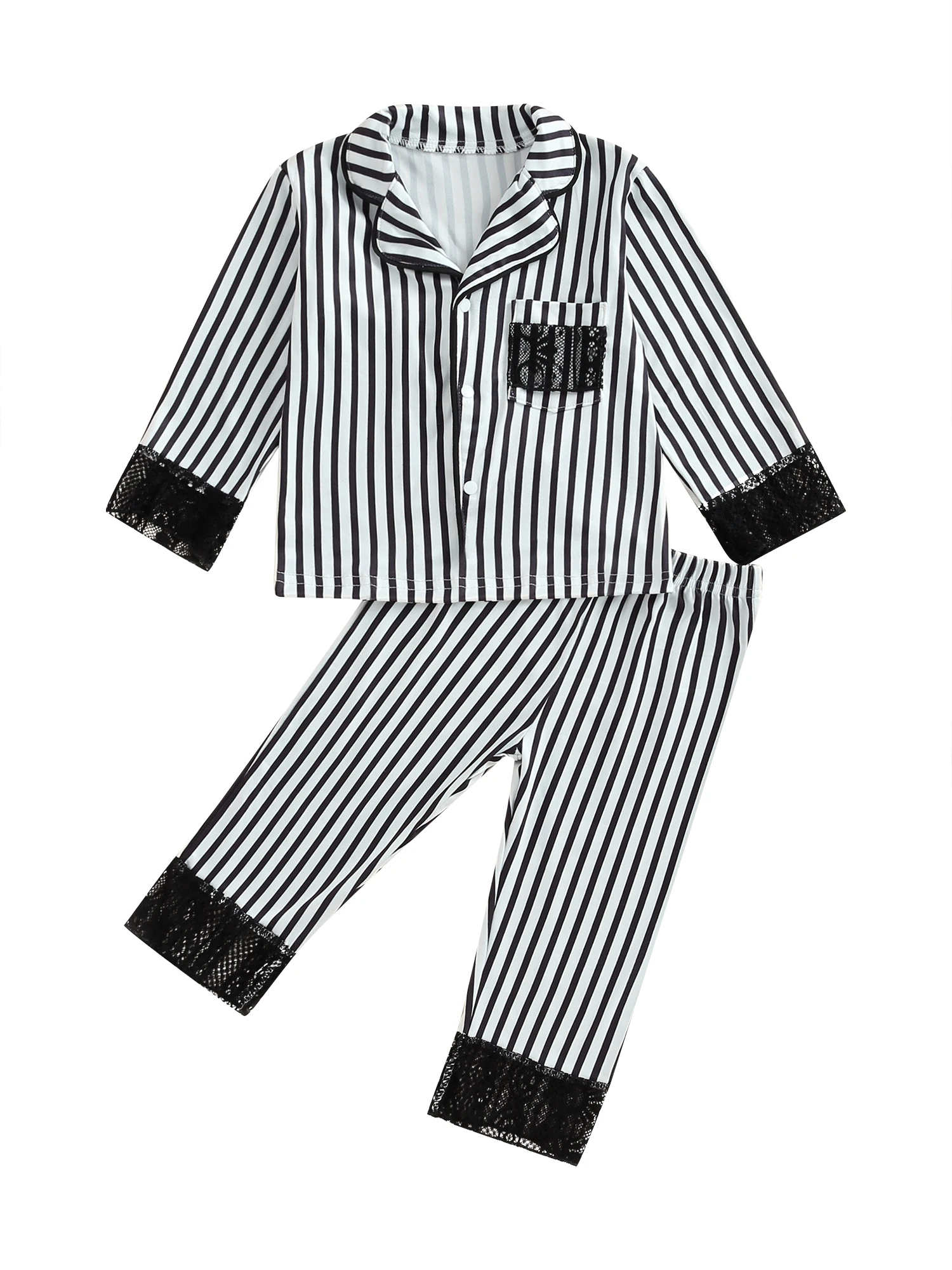 

Kid Girls Stripe Lace Patchwork Long Sleeve Button-Down Tops Long Pants 2 Pieces Pyjamas Loungewear Sleepwear