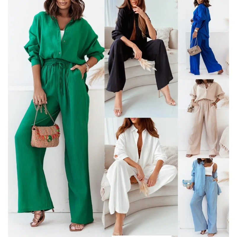 2023 Autumn and Winter New Loose Stretch Crease Long Sleeve Shirt and Wide Leg Pants Set 2 Piece Sets Womens Outfits