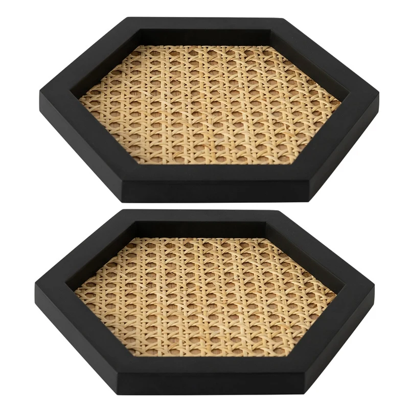 

2X Home Nordic Rattan Woven Tray Wooden Handmade Ins Wind Rectangular Geometric Ornament Key Storage Tray-Hexagonal