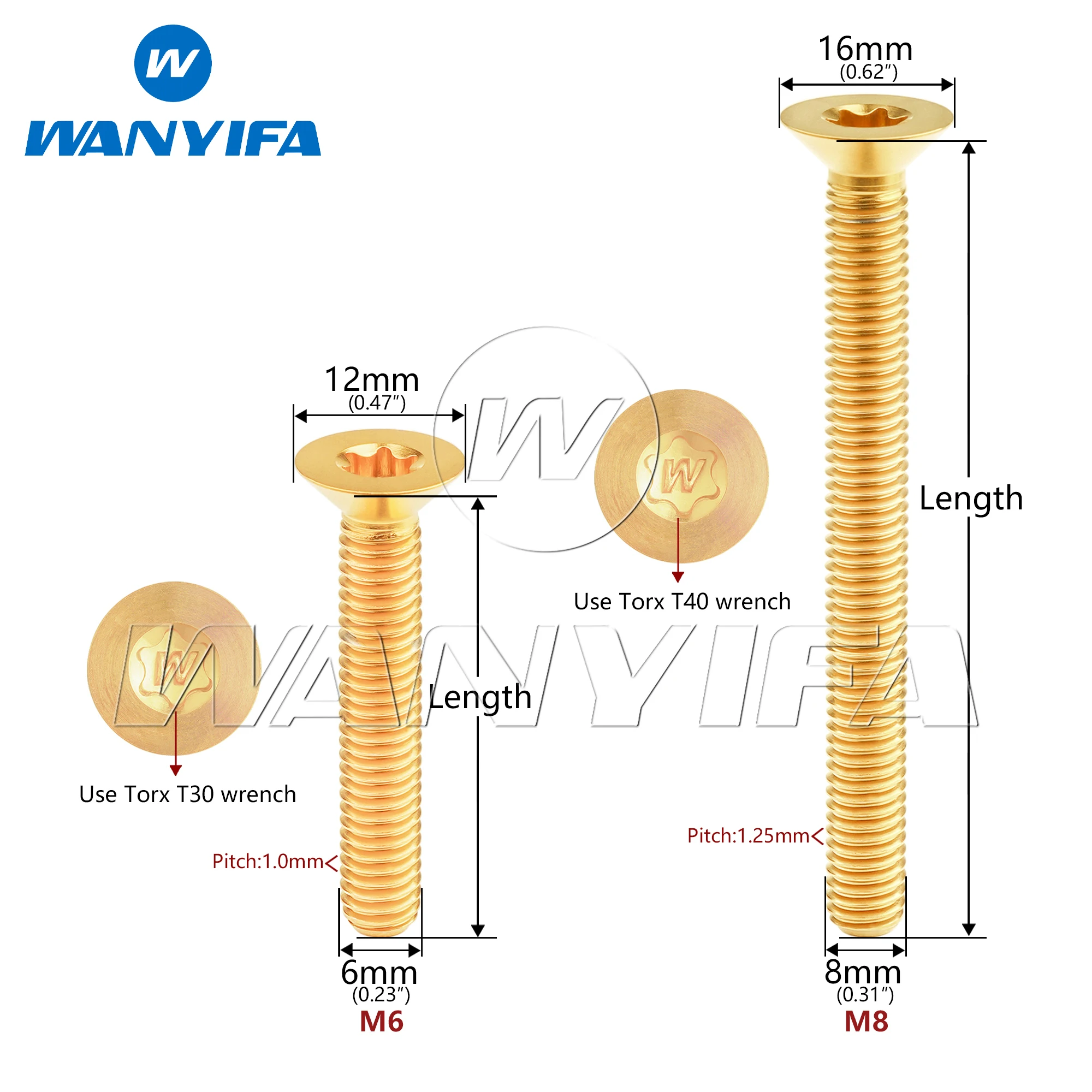 Фото WANYIFA 6 шт. титановых болтов M6/M8x10 12 15 20 25 30 35 40 45 50 55 60 65 70 мм с потайной головкой Torx и логотипом 