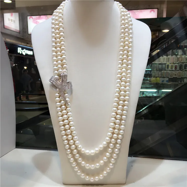 beautiful 3 rows 25-27inch AAA 8-9mm White Round Freshwater Cultured Pearl  inlay zircon Necklace