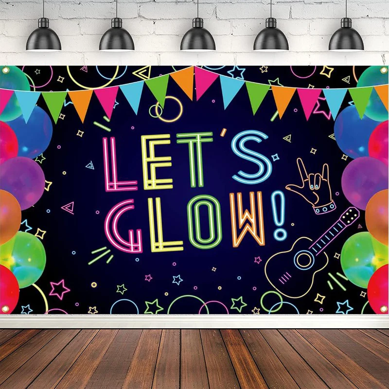 

Photography Backdrop Neon Glow In The Dark Let’s Glow Birthday Party Banner Black Light Themed Background Photo Booth Decoration