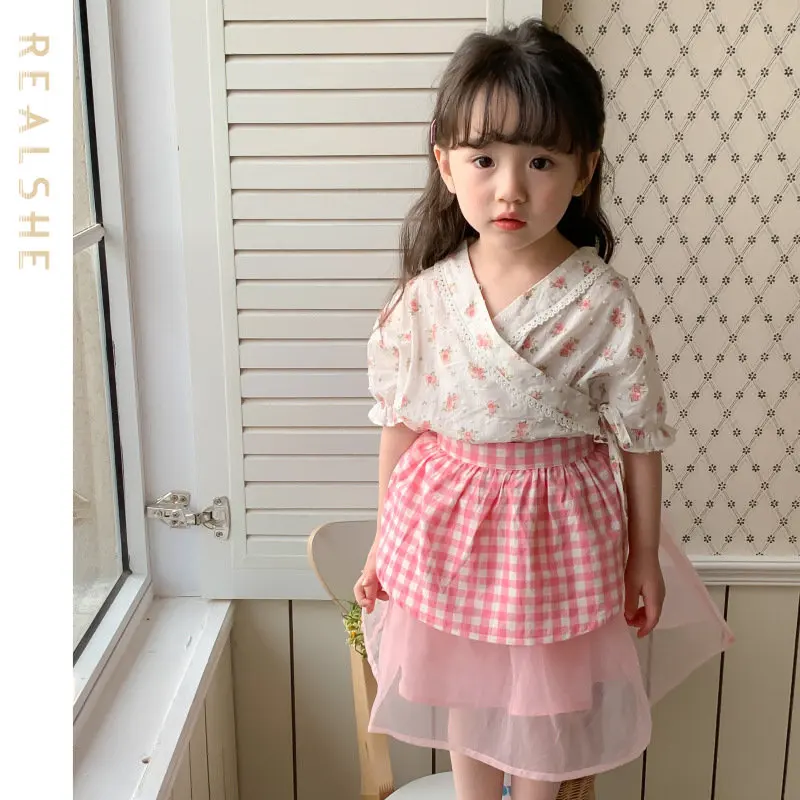 

Baby Set for Girls Spring Summer Floral Ruffles Half Sleeve Tops+Plaid Mesh Skirt Infant Suits Kids Children Clothing