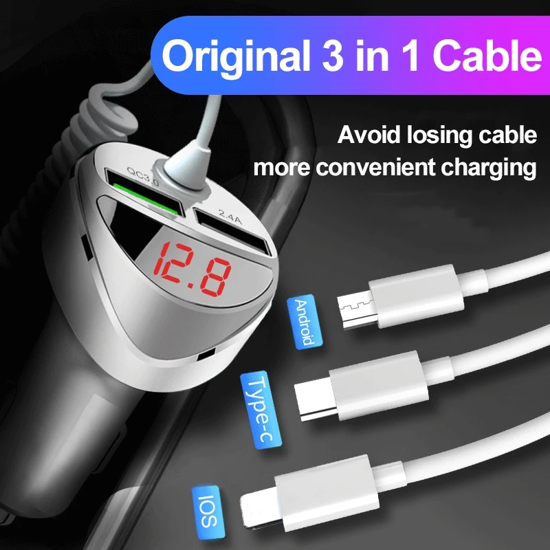 Быстрое Автомобильное зарядное устройство QC 3 0 с USB-кабелем в 1 для iphone 11 7 Samsung Xiaomi