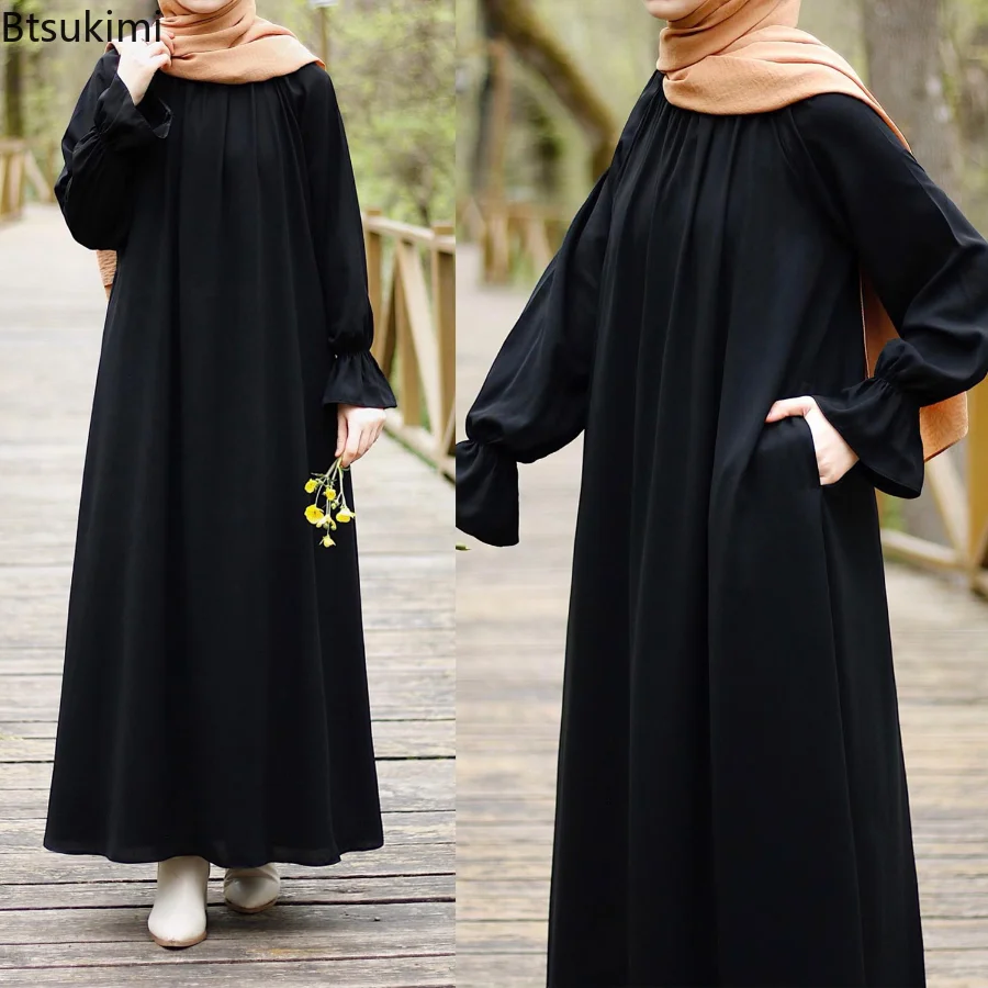 Muslim Fashion Abaya Solid Loose Long Sleeve Ruffles Sundress Round Neck Robe Maxi Dress Ladies Traditional Dubai Islam Clothes