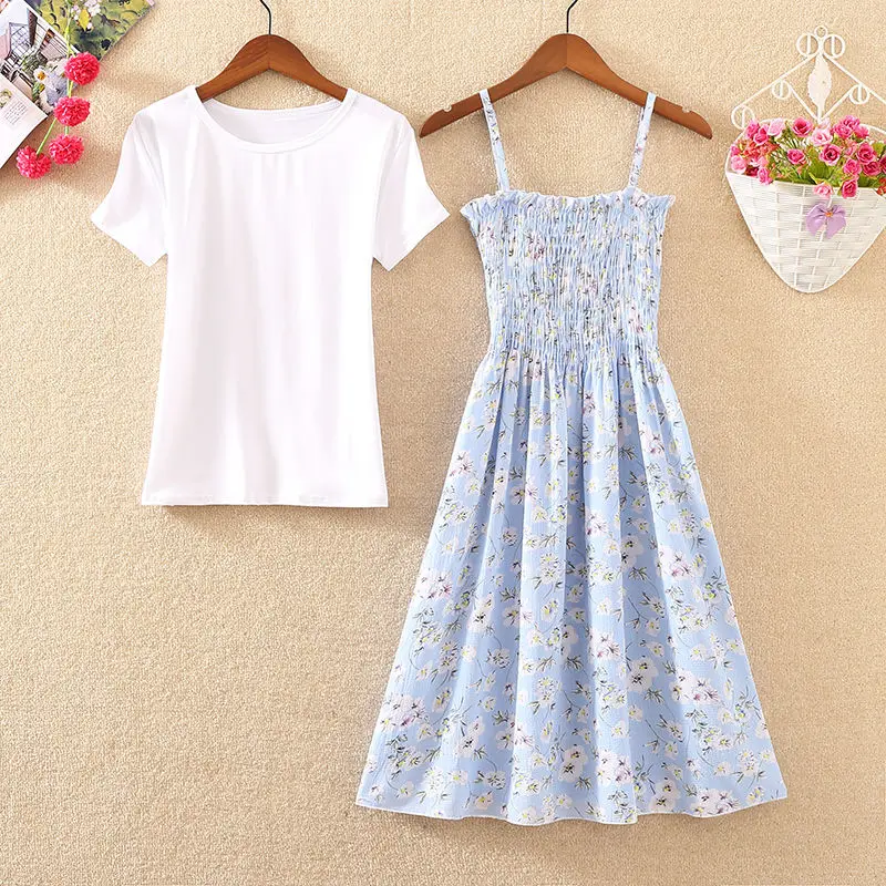 

Woman Casual Print Floral Dress Female Strap Dress and Solid Shirt Ladies A Line Midi-length Dress Vestidos Two Piece Suit A65