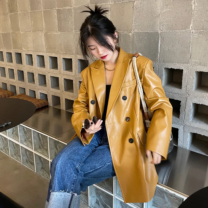 New Leather Jacket Autumn Women's Spring New Korean Loose Yellow PU Leather Coat Casual Fashion Jackets