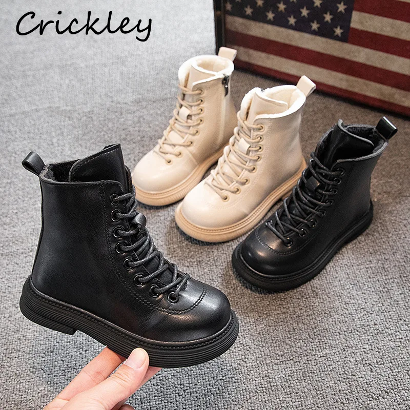 

Winter Solid Kids Fashion Boots High PU Leather Warm Boots For Boys Girls Zip Soft Bottom Anti Slip Children's Ankle Shoes