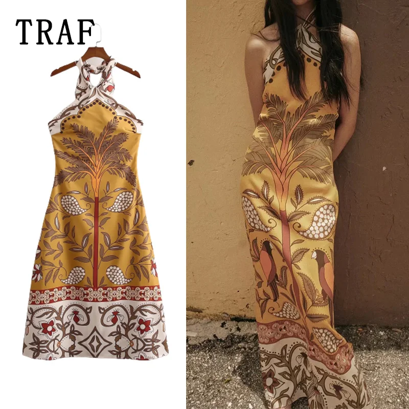 

TRAF Zar 2022 Elegant Dress Women Summer Sexy Dress Woman Backless Midi Party Dresses Halter Neck Short Night Dresses