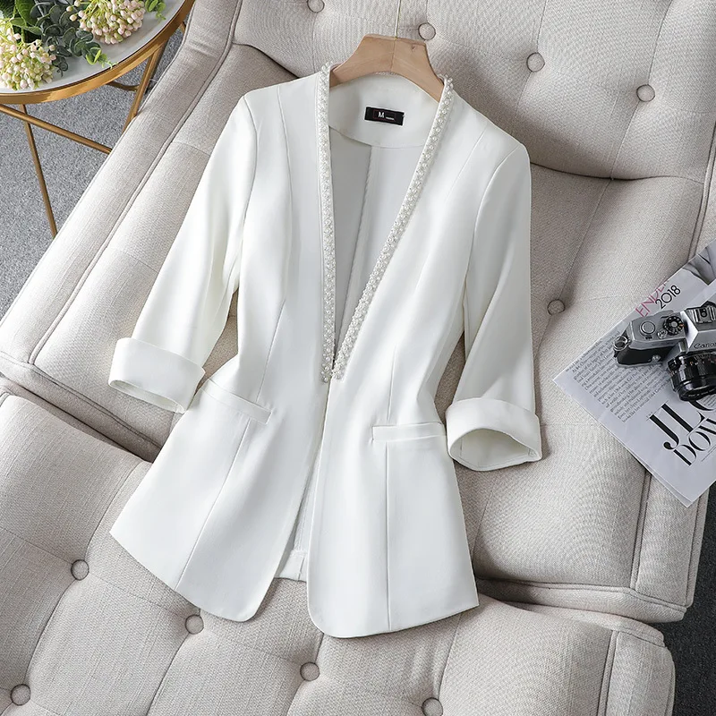 2023 Summer Women's Green Blazer Business Casual Thin Women Slim Black White Suit Jacket V-neck Office Lady Cardigan Coats