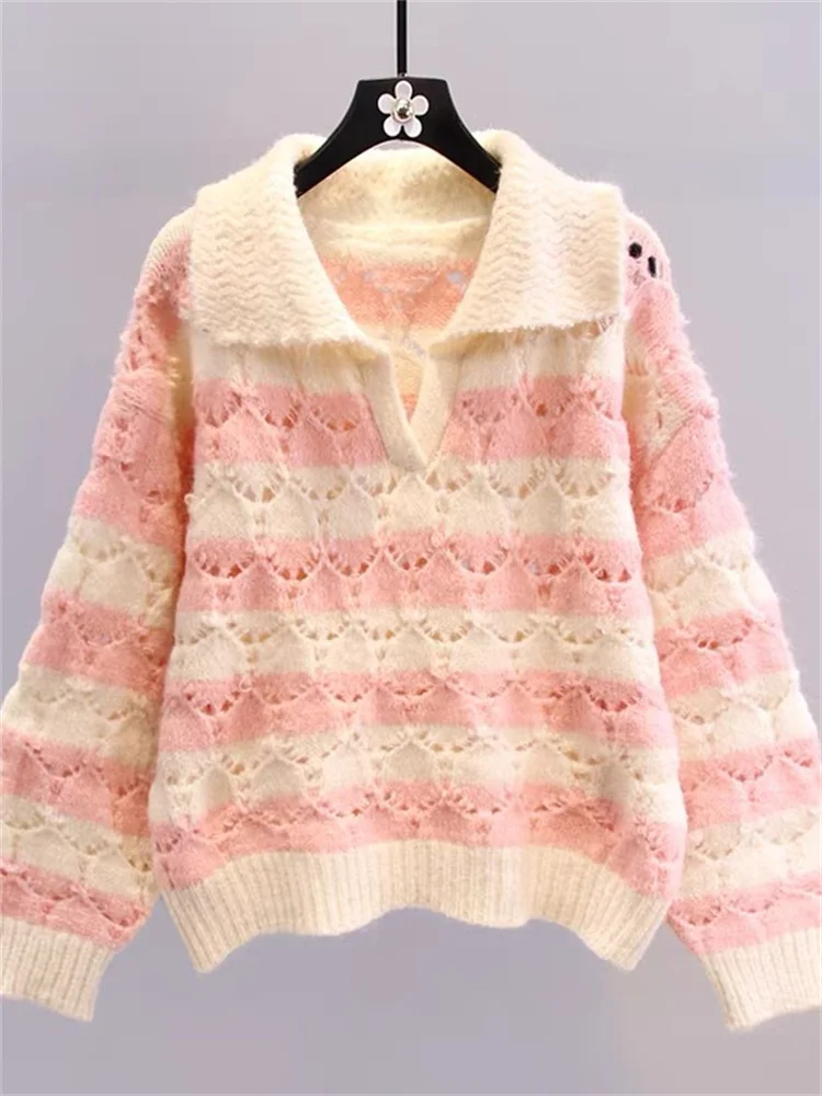 

Hsa Women Turn Down Collar Sweater Jumpers Long Sleeve Winter Sweater Pullovers Black Pink Striped Pull Femme Tops korean Pulls