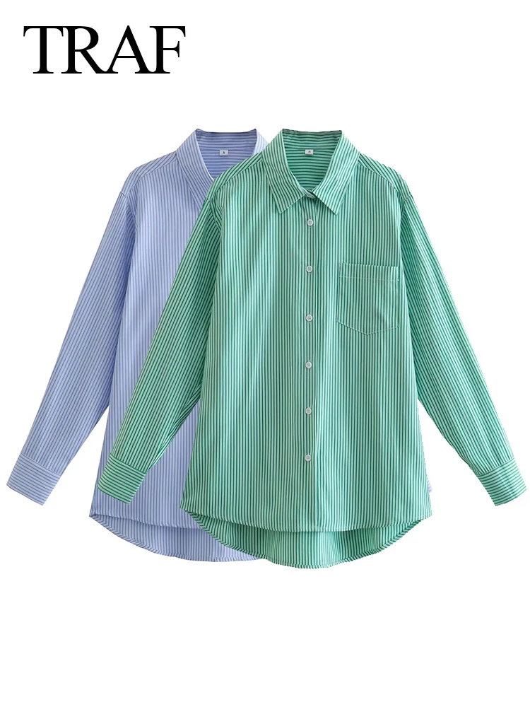 

Модная полосатая женская рубашка TRAF ZA, Высококачественная яркая повседневная Свободная блузка, топ, универсальная офисная повседневная од...