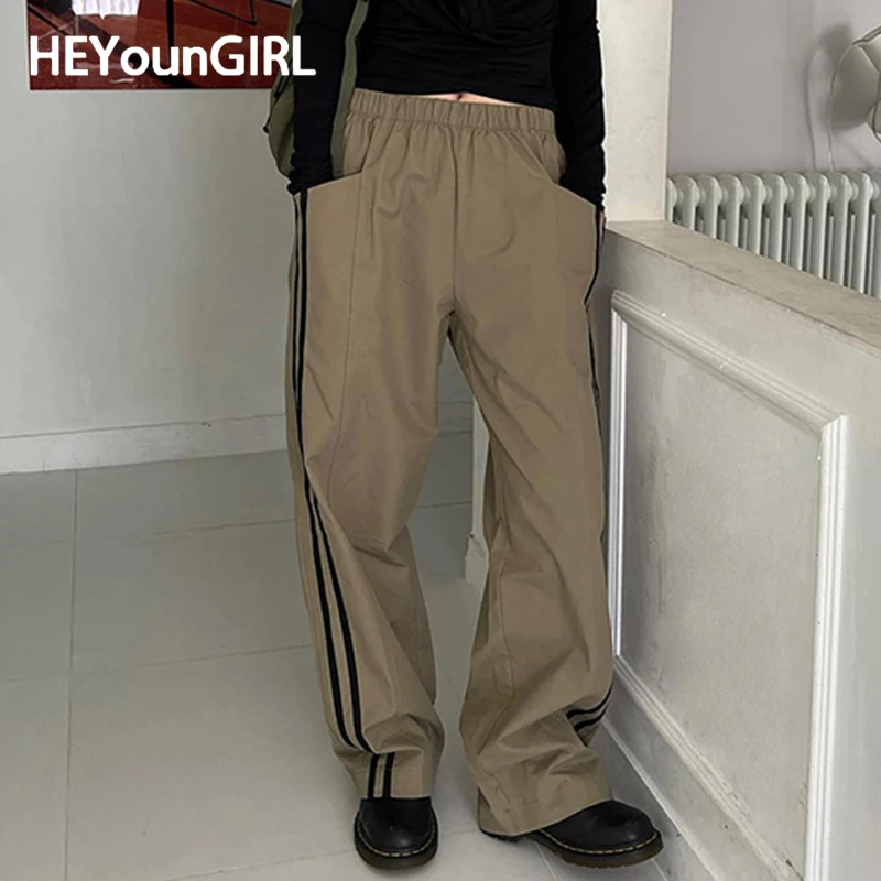 

Женские повседневные брюки HEYounGIRL в Корейском стиле с полосками по бокам, базовая уличная одежда, свободные прямые брюки цвета хаки, Модные осенние спортивные брюки