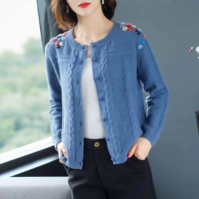 

2023 Women Cardigan Sweater V Neck Solid Floral Pattern Loose Knitwear Single Breasted Casual Knit Cardigan Jacket Coat