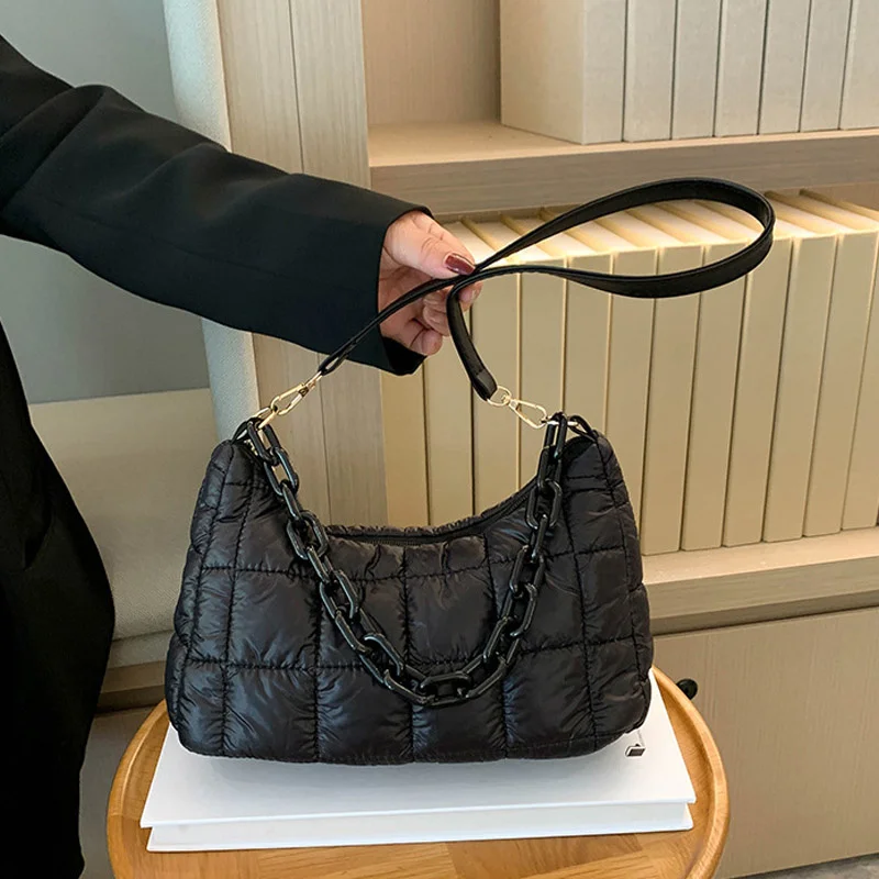 

Winter Soft Cotton Women's Shoulder Bags Solid Nylon Plaid Handbags And Purses Ladies Underarm Bags Fashion Chain Top Handle Bag