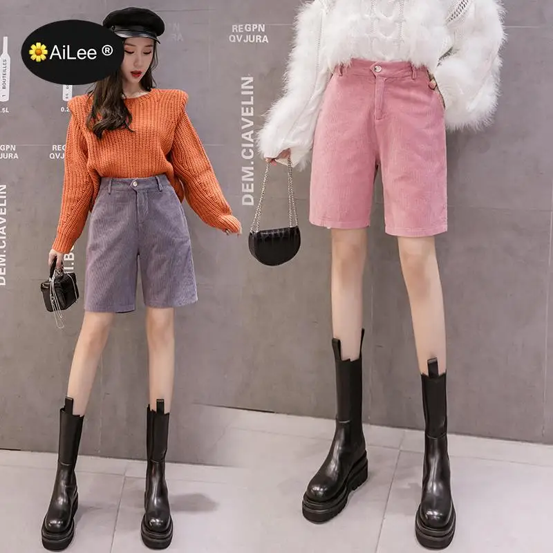 Autumn Winter Velvet Shorts Korean Half Long A line Shorts Knee Length Elastic High Waist Shorts Warm Wide Leg Shorts Women