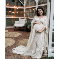 donjudy boho lace maternity or non maternity dresses with cloak cape for photo shoot wedding party v neck clothes gowns dress