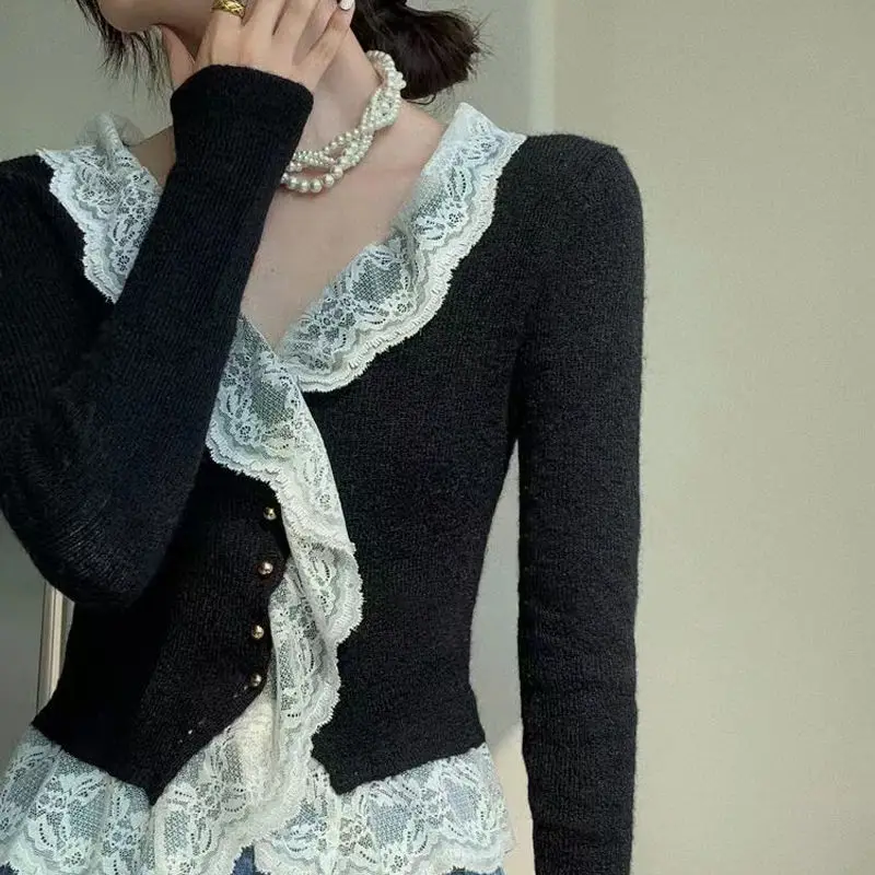 

Deeptown Black Lace Knitted Sweater Cardigan for Women V-neck Long Sleeve Casual Fashion Single-breasted Crop Top Y2k Clothes