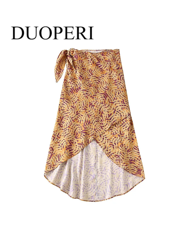 

DUOPERI Women Fashion Asymmetrical Print Sarong Skirt With Knot Vintage High Waist Female Skirts Mujer