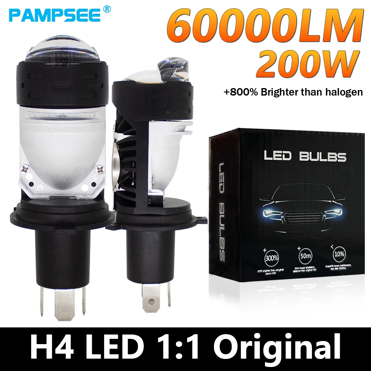 Фото PAMPSEE Проектор H4 Линза Светодиодные автомобильные фары Лампы HB2 60000LM 200W CANBUS Turbo Авто Лампа H4 Высокая и низкая лампа противотуманных фар 12V 24V №1