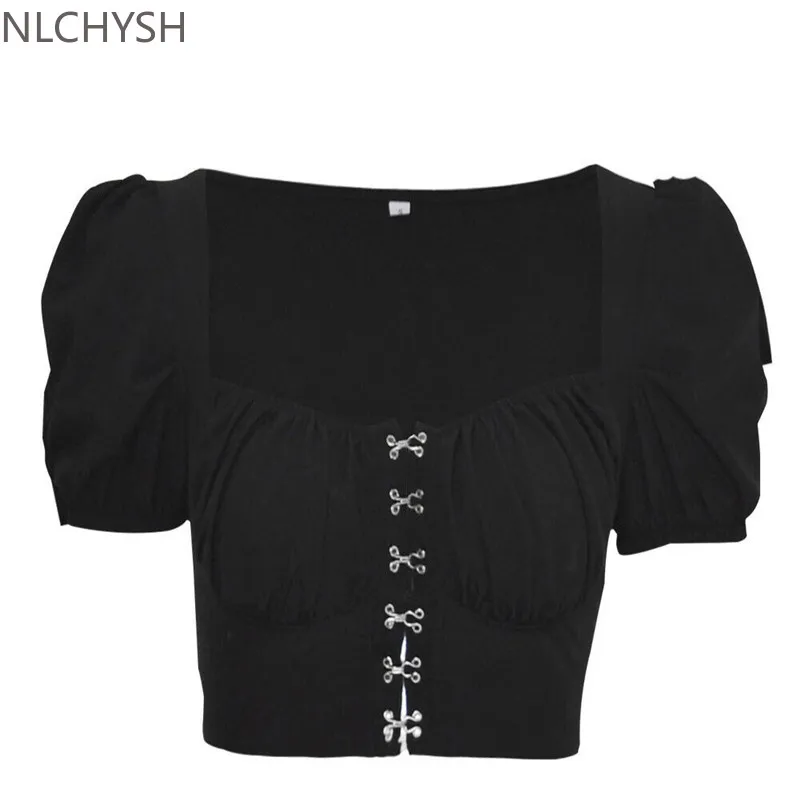 

Новинка модная женская одежда женские пикантные топы на пуговицах с квадратным вырезом короткий рукав квадратный воротник пуловер футболк...