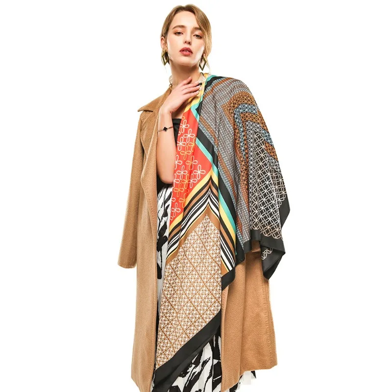 

Twill Bow Pattern Large Women's Square Scarf 135*135CM Silk Feeling Soft Shawl Cotton Blended Spring Autumn Adult Scarves
