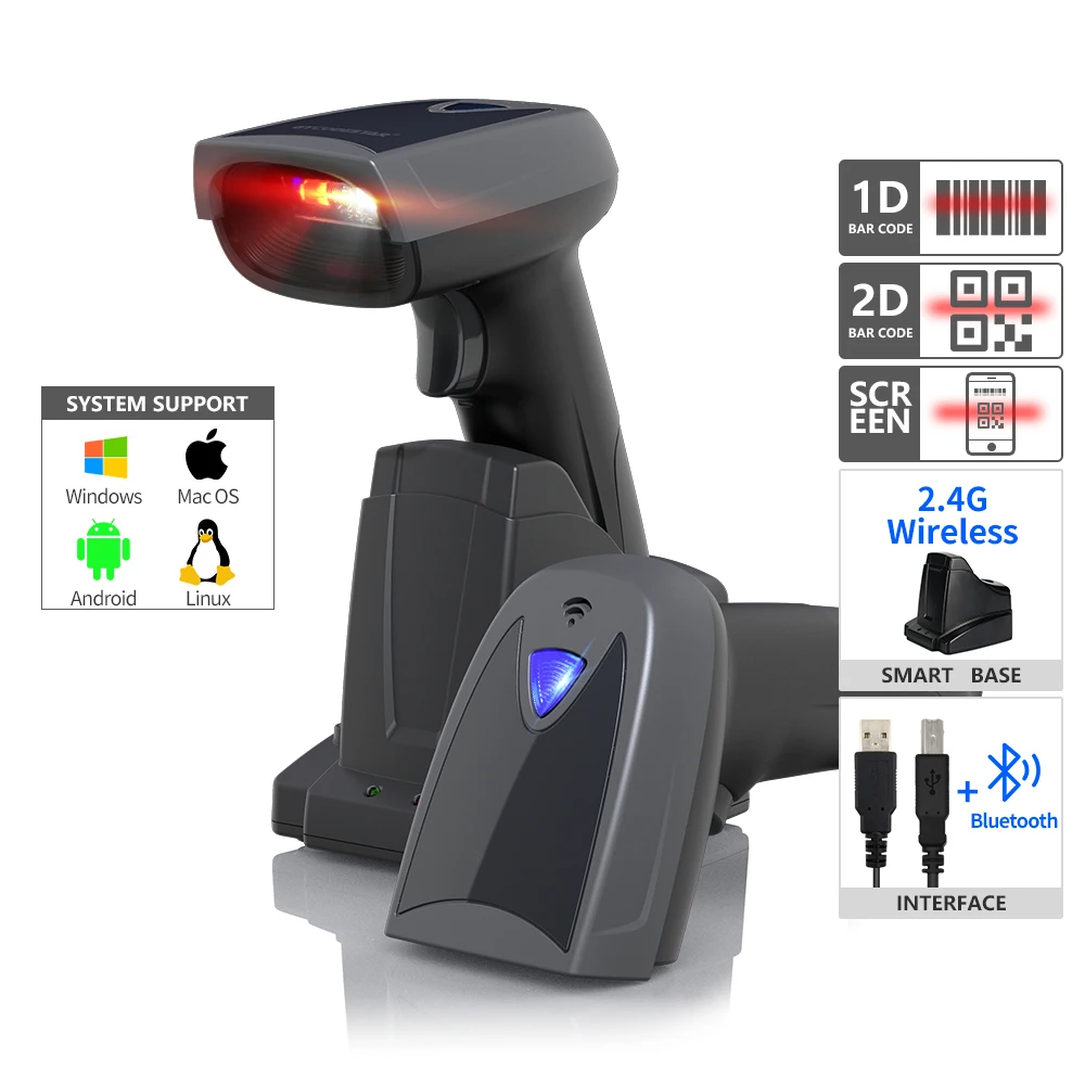 

KEFAR Bluetooth проводной беспроводной 2D сканер штрих-кодов QR PDF417 2,4G ручной сканер штрих-кодов Промышленное Качество с заряженной базой