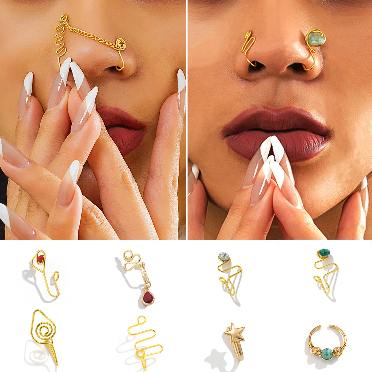 

2022 New National Style Gravel Wound Metal Nose Clip Women's Fashion Personality Multiple Star Moon Heart Irregular Nose