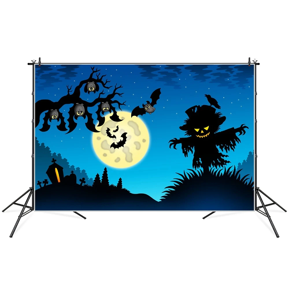 

Студийный фон для фотосъемки на Хэллоуин с изображением пугалов летучих мышей кладбища Луны ночи детвечерние чных декораций