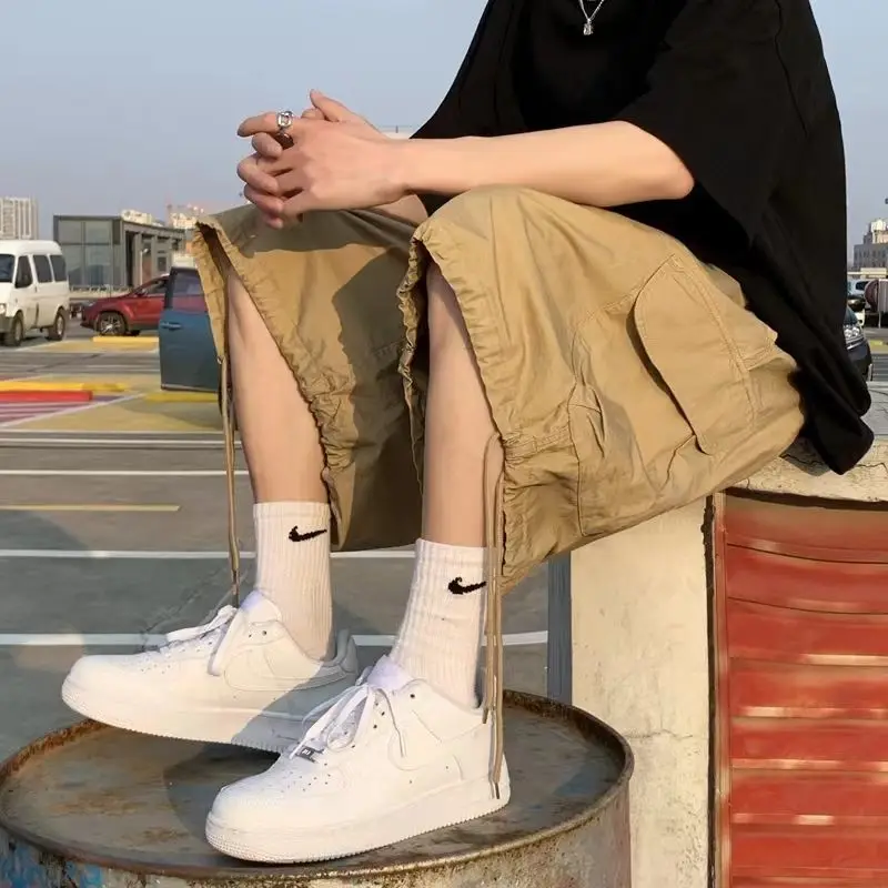 

Japanese tide brand cityboy overalls shorts men summer ins khaki pants American heavy wide-leg six-point pants