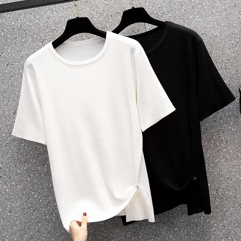 

Oversize XL-4XL Knitted T-shirt Female 2022 Summer New Loose Ice Silk Short Sleeve Large Tshirt Solid Color Top Fashion