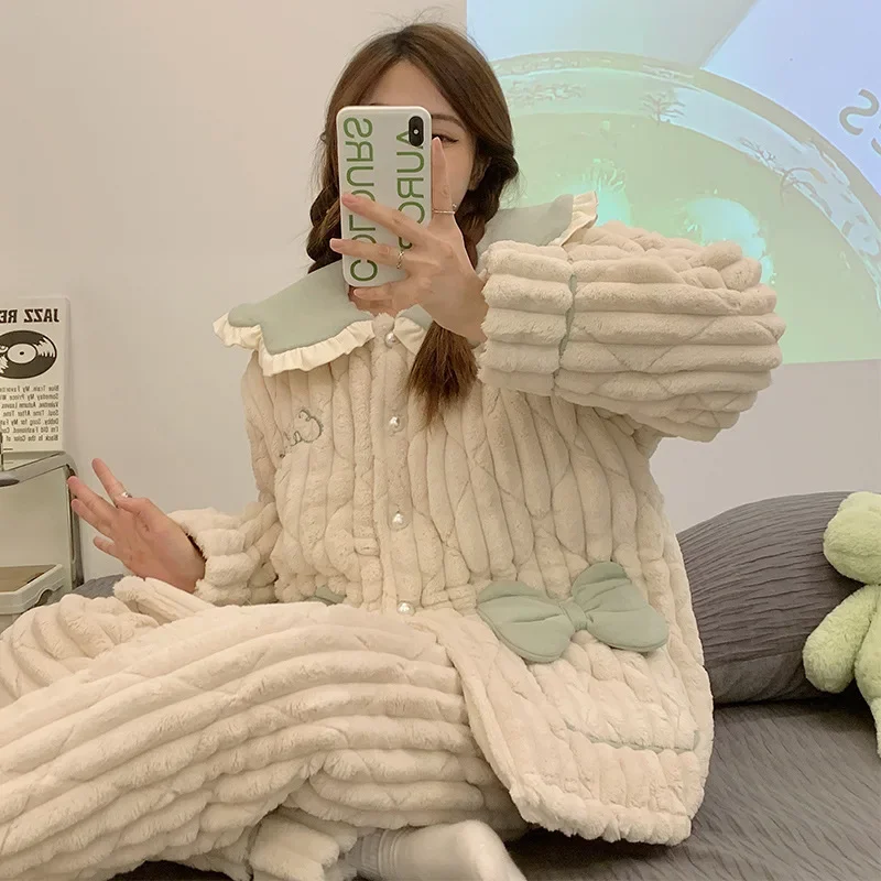 Женский осенне-зимний пижамный комплект из кораллового бархата трехслойная