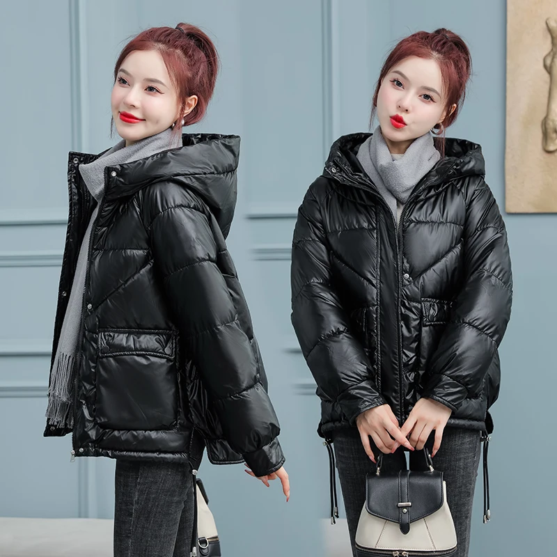2022 New Winter Jacket Parkas Women Glossy Down Cotton Jacket Hooded Parka Warm Female Cotton Padded Jacket Casual Outwear