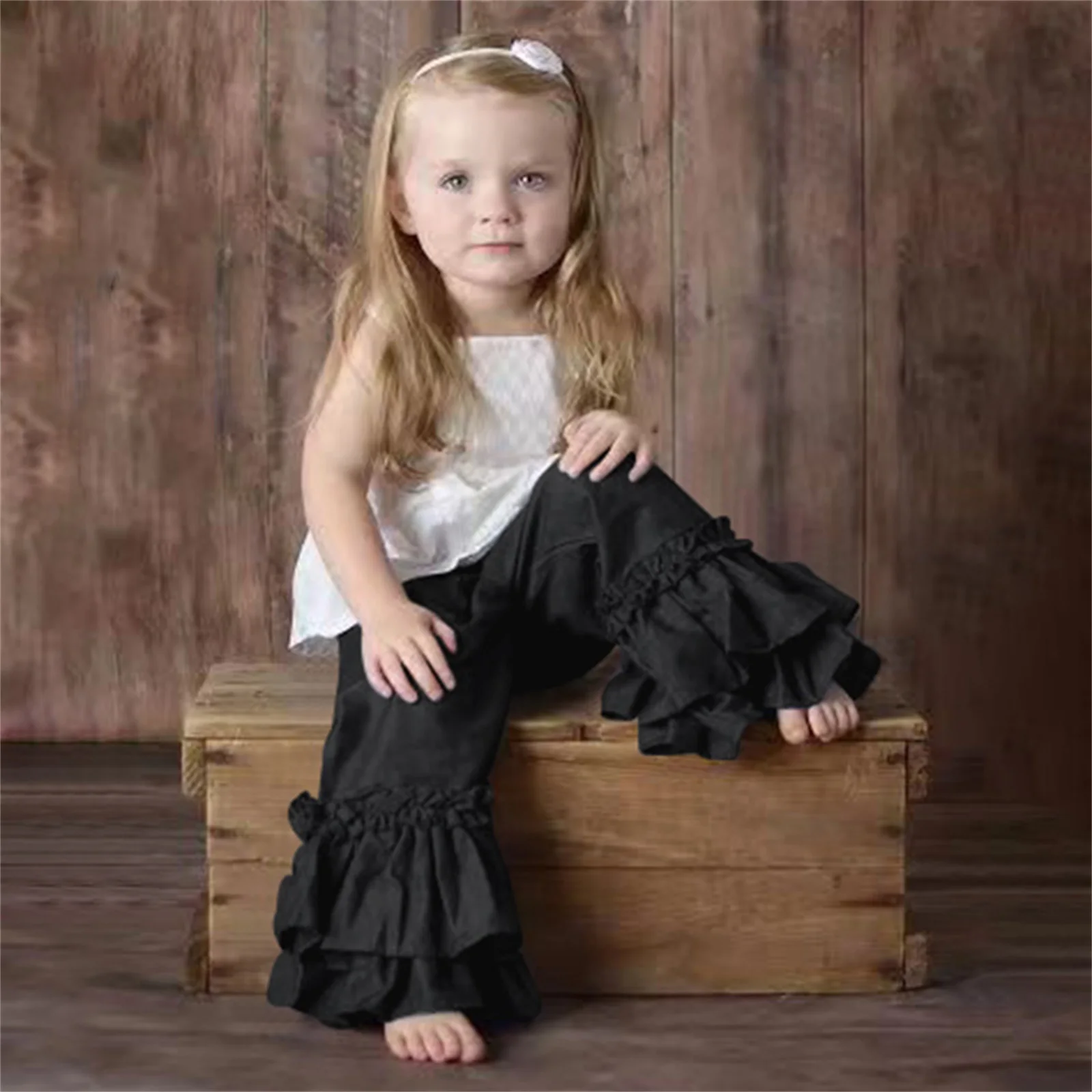 

Детские комплекты с длинными брюками для девочек, белая майка без рукавов с оборками на подоле + брюки клеш с эластичным поясом