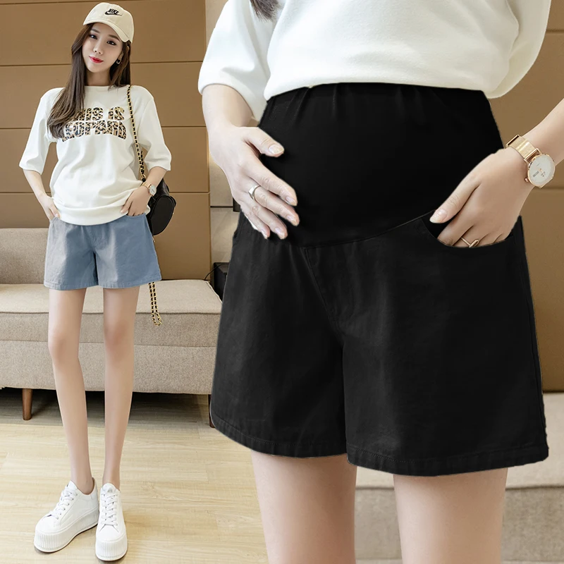 

890 Wide Leg Loose Straight Cotton Denim Maternity Shorts Summer Casual Elastic Waist Belly Clothes for Pregnant Women Pregnancy