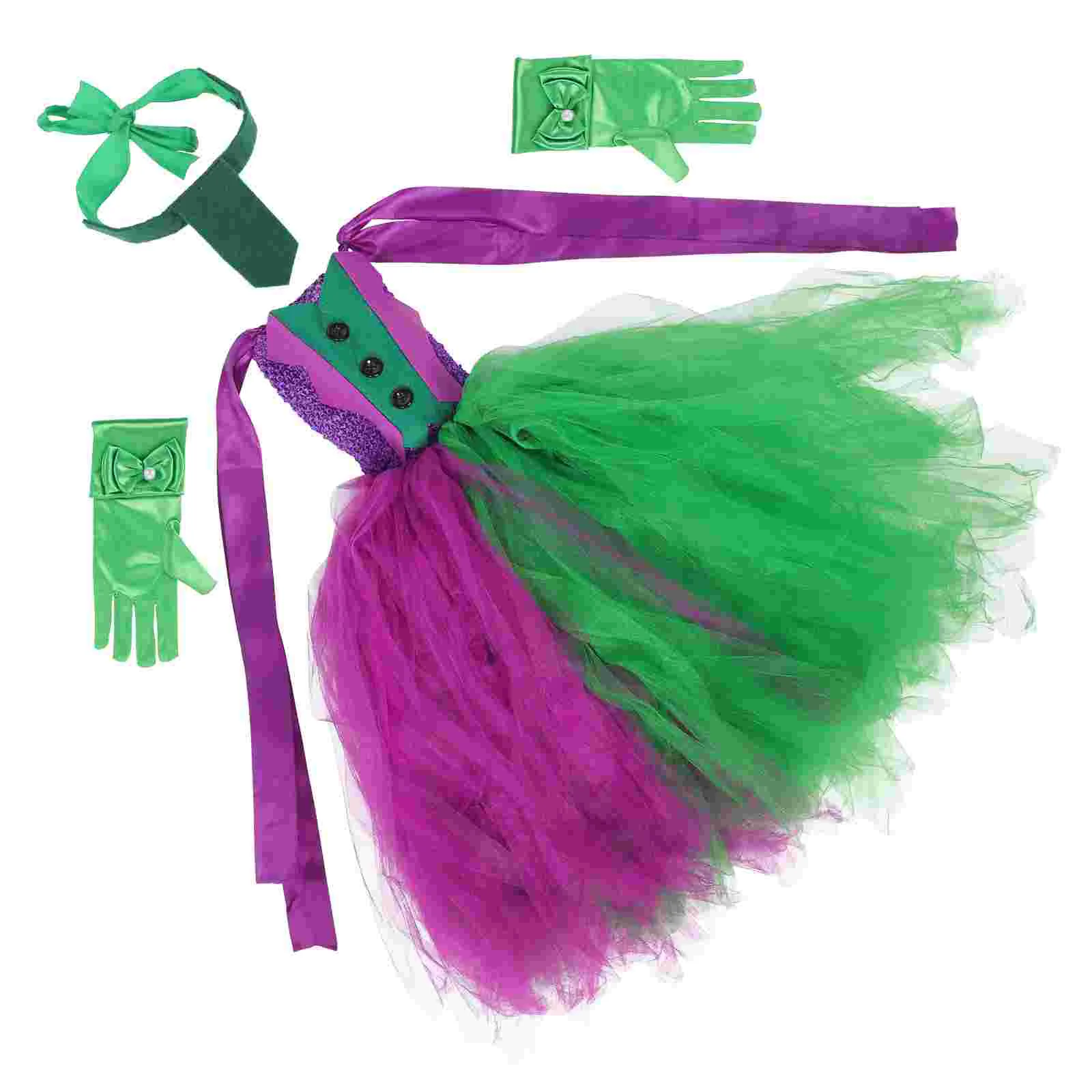 

1 Set Clown Costume Cosplay Clown Sleeveless Dress Necktie Decorative Gloves Prop for Little Girl