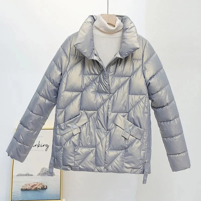 Women Jacket 2022 New Winter Parkas Female Glossy Down Cotton Jackets Stand Collar Casual Warm Parka Short Coat Outwear