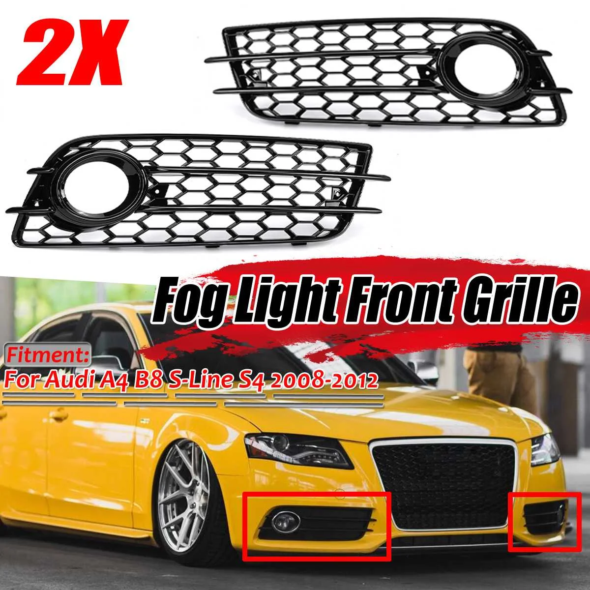 

For Audi A4 B8 S-Line S4 2008-2012 High Quality 2Pcs Car Fog Light Grille Lamp Cover HONEYCOMB Hex Grille Grill Car Accessories